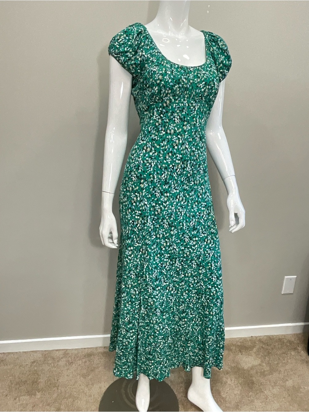 MADEWELL Green Floral Maxi Dress Scoop Neck Puff Sleeve Cottagecore XS